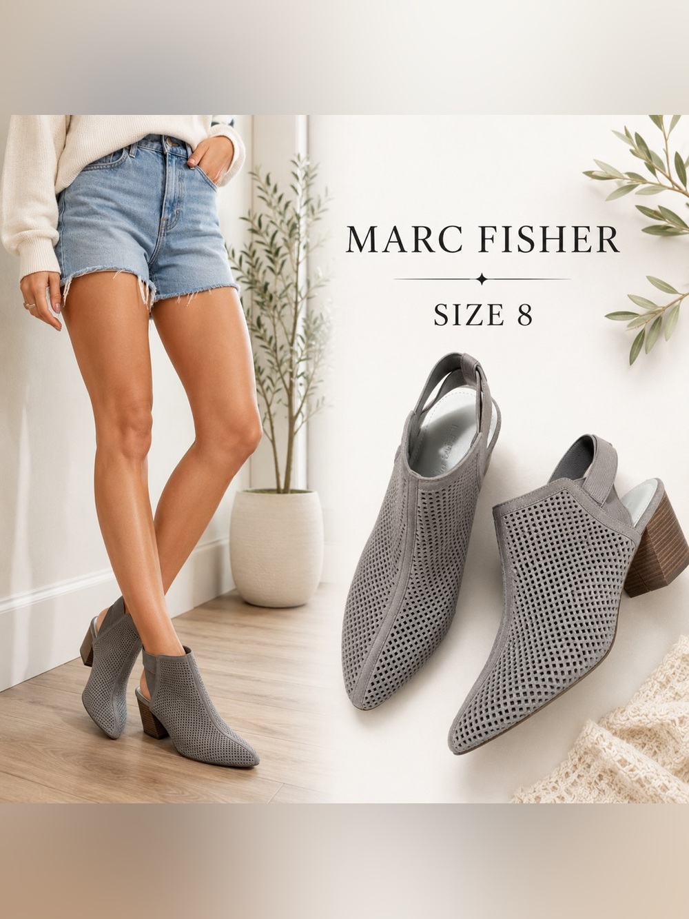 Marc Fisher Gray Perforated Slingback Booties – Women’s Size 8